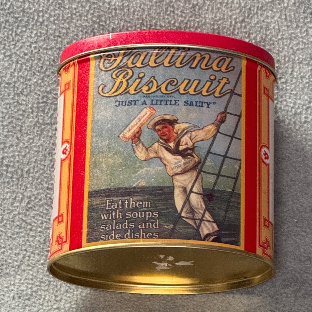 Vintage Nabisco Saltina Biscuit Tin Sailor Graphic In-er-Seal Advertising Oval